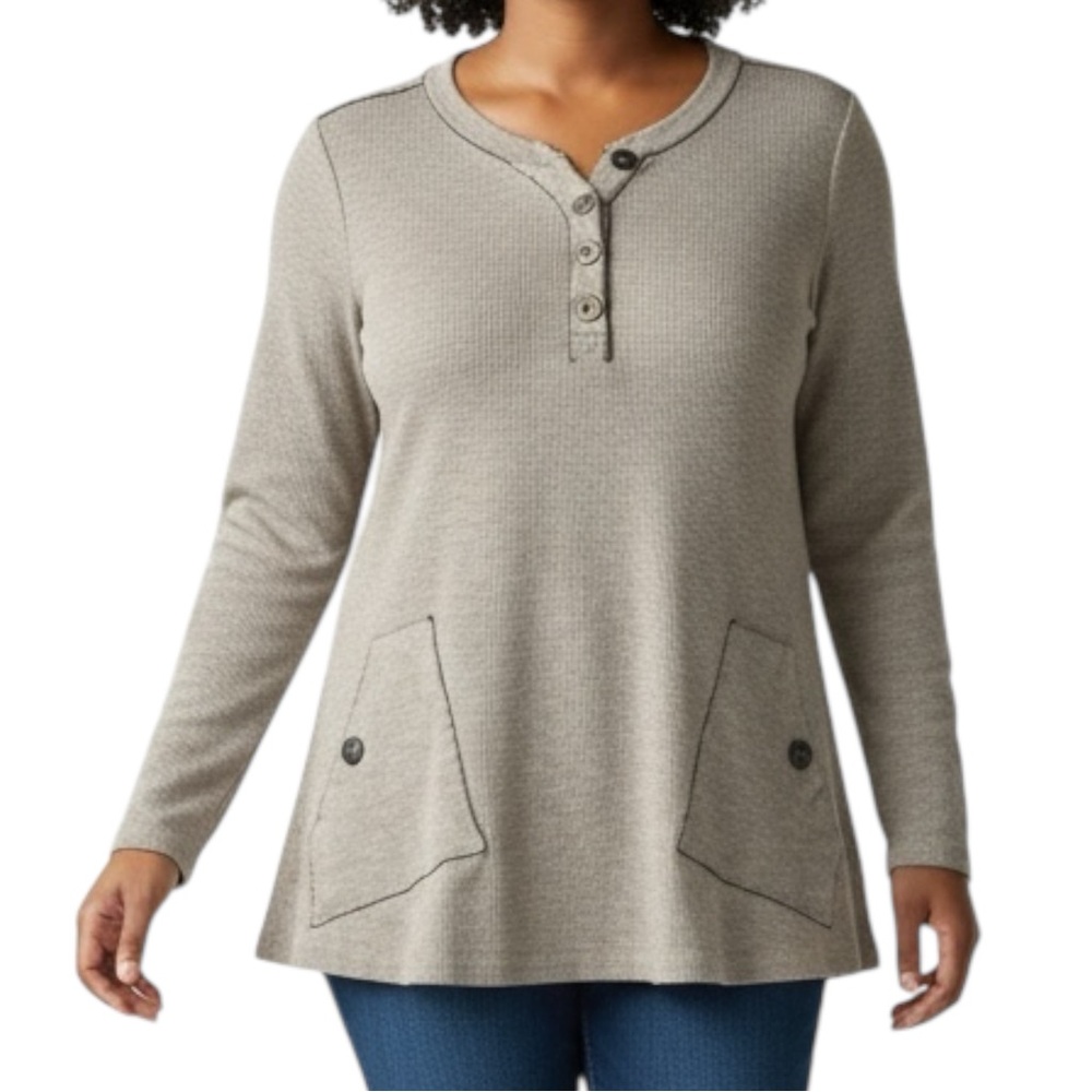 SOFT SURROUNDINGS Khaki Green Henley Tunic V-Neck with Raw Seams Size XS - Picture 1 of 10